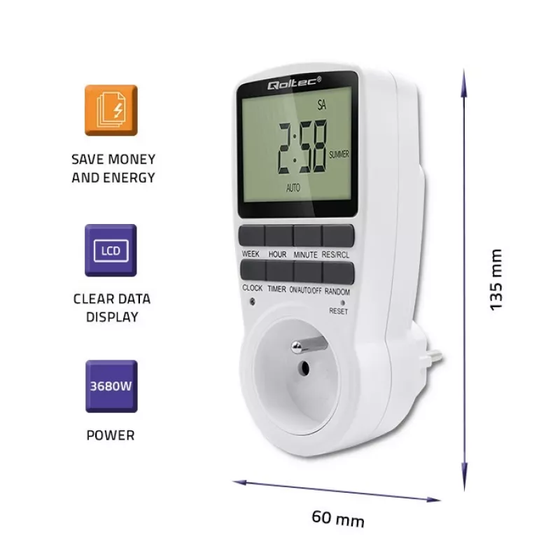 Elektronický časovač QOLTEC PC0628 s LCD displejom, 24-hodinové odpočítavanie