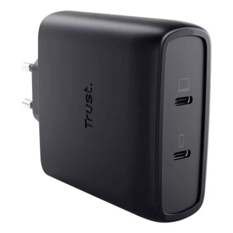TRUST Maxo 100W 2-portová USB-C GaN nabíjačka — 100 W, 2× USB-C, max. 20 V, 2 m kábel, čierna