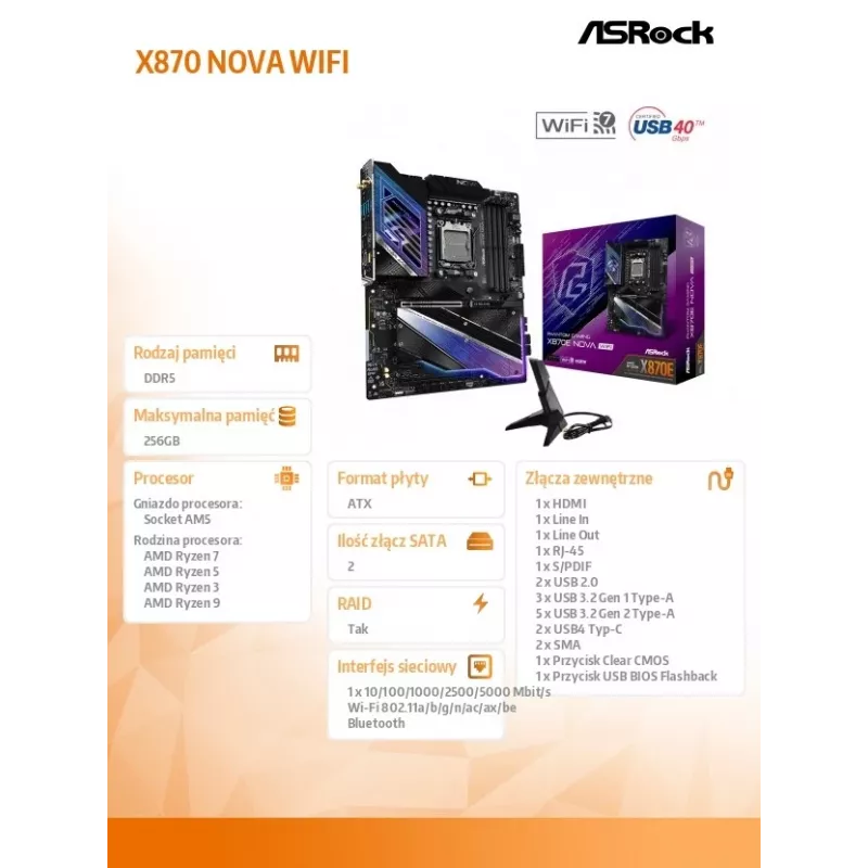 Základná doska ASRock X870 NOVA WIFI – AMD X870, socket AM5, ATX, 4× DIMM DDR5, 256 GB, Wi-Fi 7, 2,5 GbE