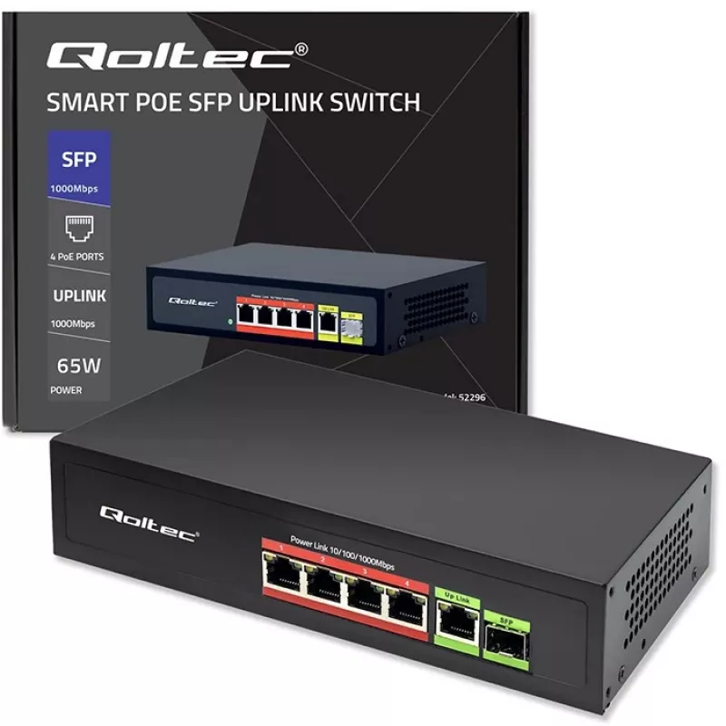Ethernet PoE switch QOLTEC 52296 — 4x RJ45 PoE porty, 1x RJ45 uplink