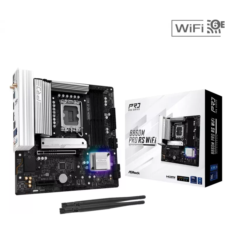Základná doska ASRock B860M Pro RS WiFi — Intel B860, LGA 1851, micro ATX, DDR5, 4 DIMM, 3x M.2, 2.5Gb LAN, Wi‑Fi, Bluetooth