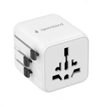 Univerzálny cestovný adaptér GEMBIRD TPA-INT-01-W — vstup 100–250 V, konektor Type-G, kompaktné rozmery 84×56×85 mm