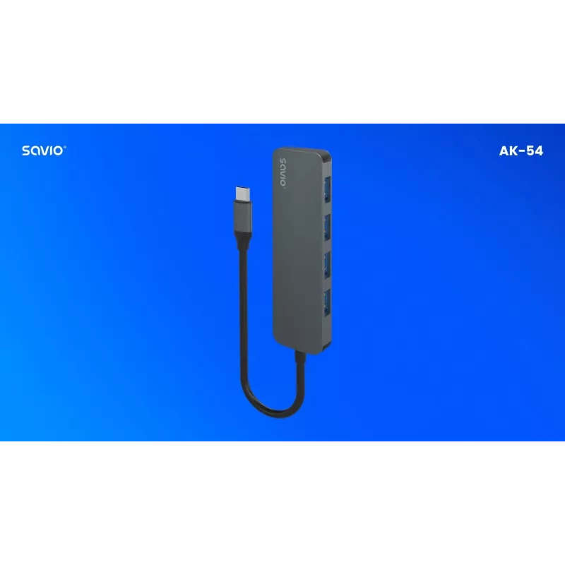 USB hub SAVIO AK-54 — 4 x USB-A (USB 3.2 Gen 1), USB-C host, čierny