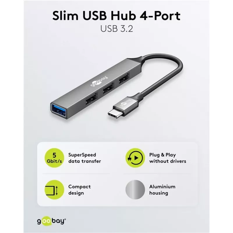Goobay Slim 4-portový USB hub, USB-C™ na USB-A, USB 3.2 (74457)