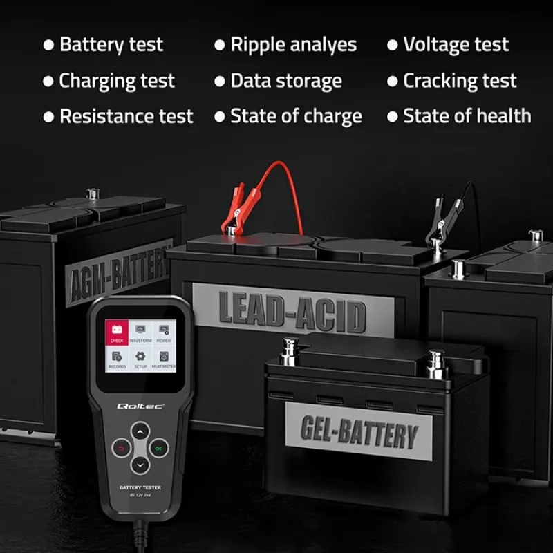 Qoltec 52489 digitálny tester a analyzátor batérií 3-in-1 s LCD a viacjazyčný 6V | 12V | 24V | 30Ah-200Ah