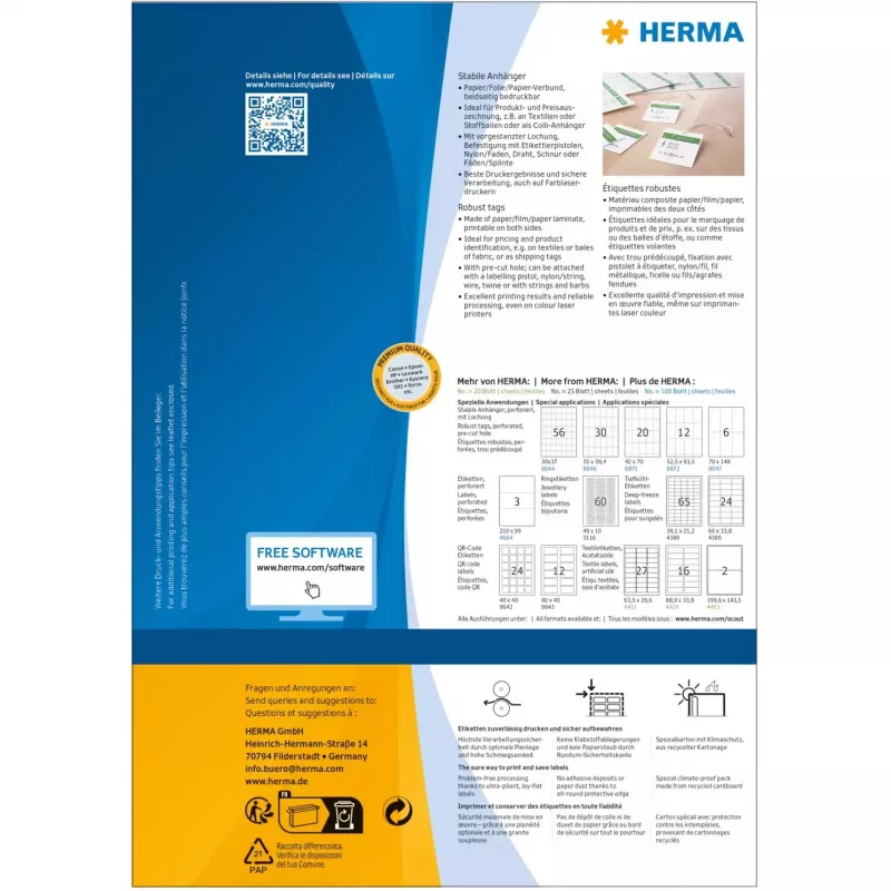 Odolné etikety HERMA A4 52,5x93,5 mm biele papier nepriľnavý 1200 kusov