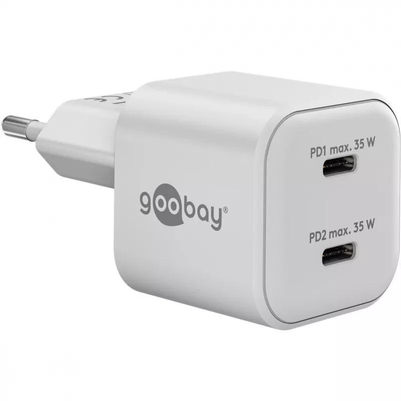 USB-C dvojrýchla nabíjačka Nano, PD, GaN, 35 wattov (biela, 2x USB-C, Power Delivery 3.0)
