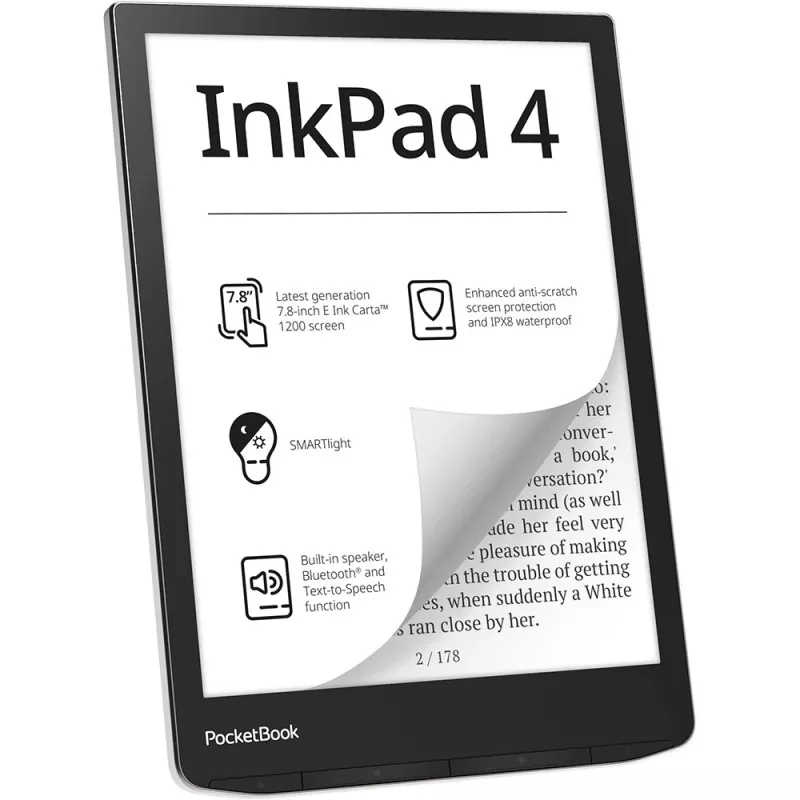 PocketBook InkPad 4 - 19,8 cm (7.8) - E Ink Carta - 1404 x 1872 pixelov - ACSM - AZW - AZW3 - CBR - CBZ - CHM - DOC - DOCX - DjVu - EPUB - EPUB DRM - FB2 - FB2.ZIP - HTM - HTML - MOB