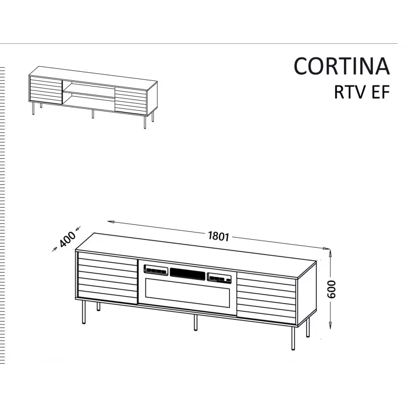 TV skrinka cama meble EF CORTINA 180×40×60 cm, vrchná doska čierna, rám orech