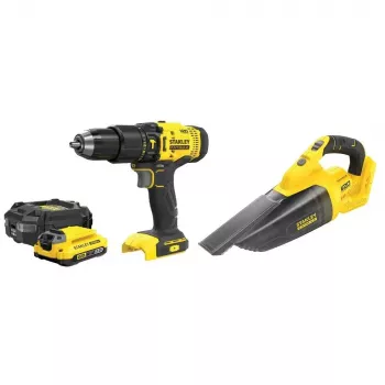 Sada akumulátorovej vŕtačky a skrutkovača STANLEY SFMCK219D1-QW — 18V (20V menovité napätie) Li‑Ion, 2 Ah batéria, DCD709 vŕtačka a skrutkovač, 6-dielna sada s nabíjačkou, kufrom, LED svetlom