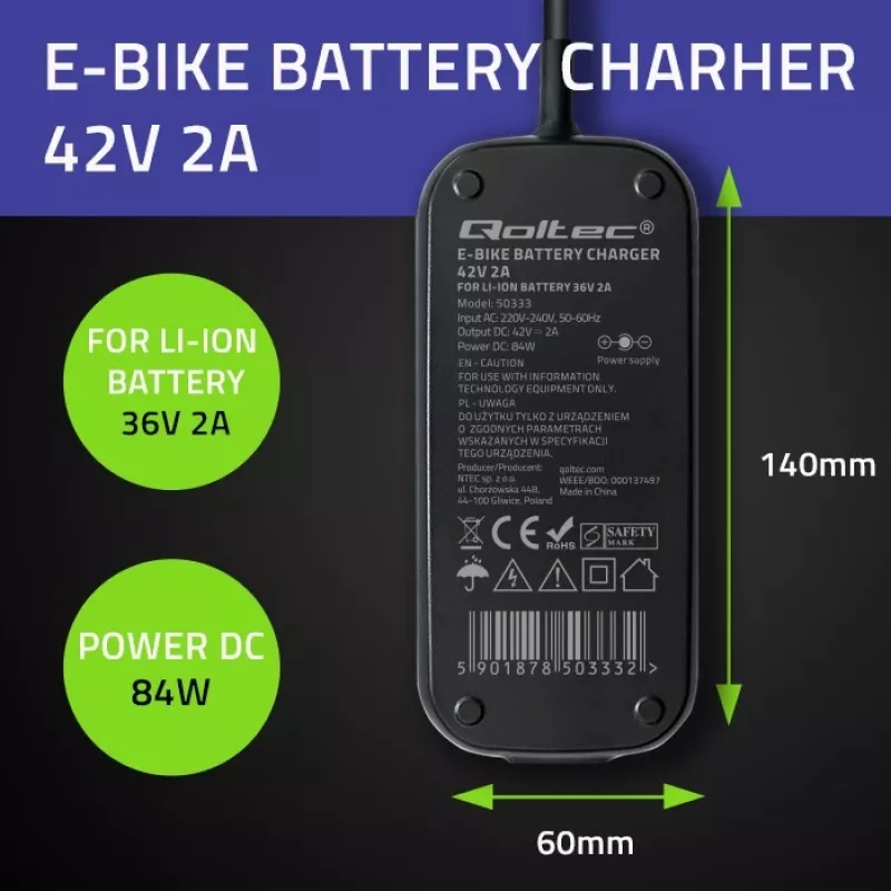 Qoltec rýchlonabíjačka pre 36V elektrické kolobežky a e-bike | 42V | 2A | 5,5*2,5 | vodotesná + napájací kábel