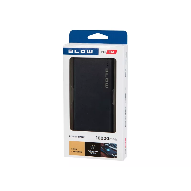 Prenosná powerbanka BLOW PB10A 10000mAh polymérová batéria, 2x USB-A výstupy, 22,5W celkový výkon, Micro-USB vstup, čierna