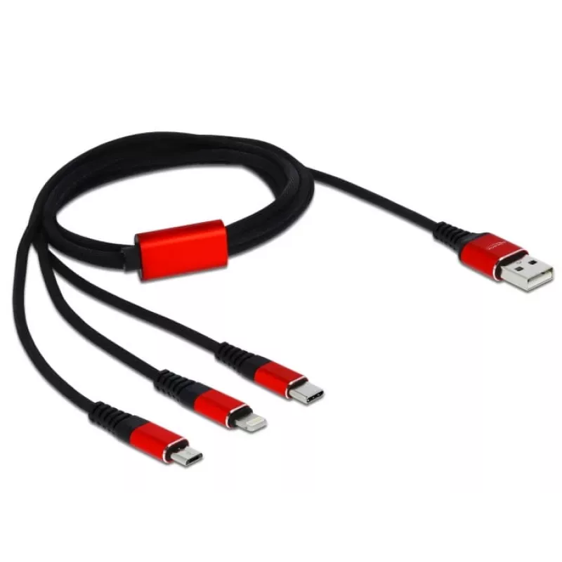 DeLOCK - kábel len na nabíjanie - Lightning / USB - USB (M) na Micro-USB Type-B, Lightning, USB-C (M) - 1,0 m - tienený - čierny (85892)
