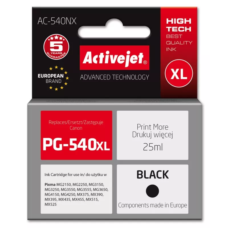 Activejet AC-540NX atrament pre tlačiarne Canon (náhrada za Canon PG-540XL) Supreme, 25 ml, čierny