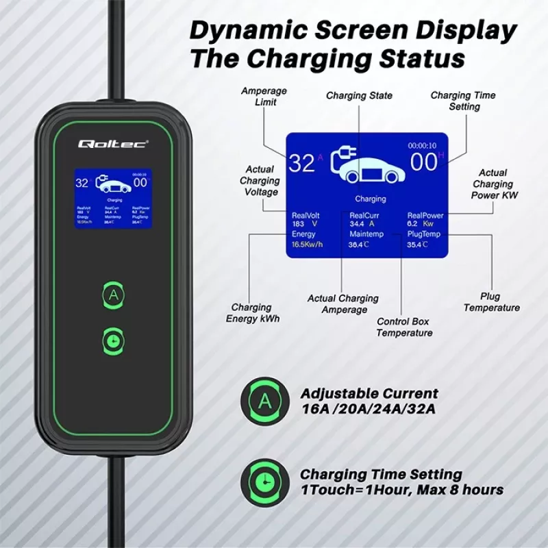 Qoltec mobilná nabíjačka pre elektromobily nastaviteľná 2v1 Type2 | 7kW | 230V | CEE 3 PIN | Wi-Fi | LCD | prenosná | wallbox | 5m