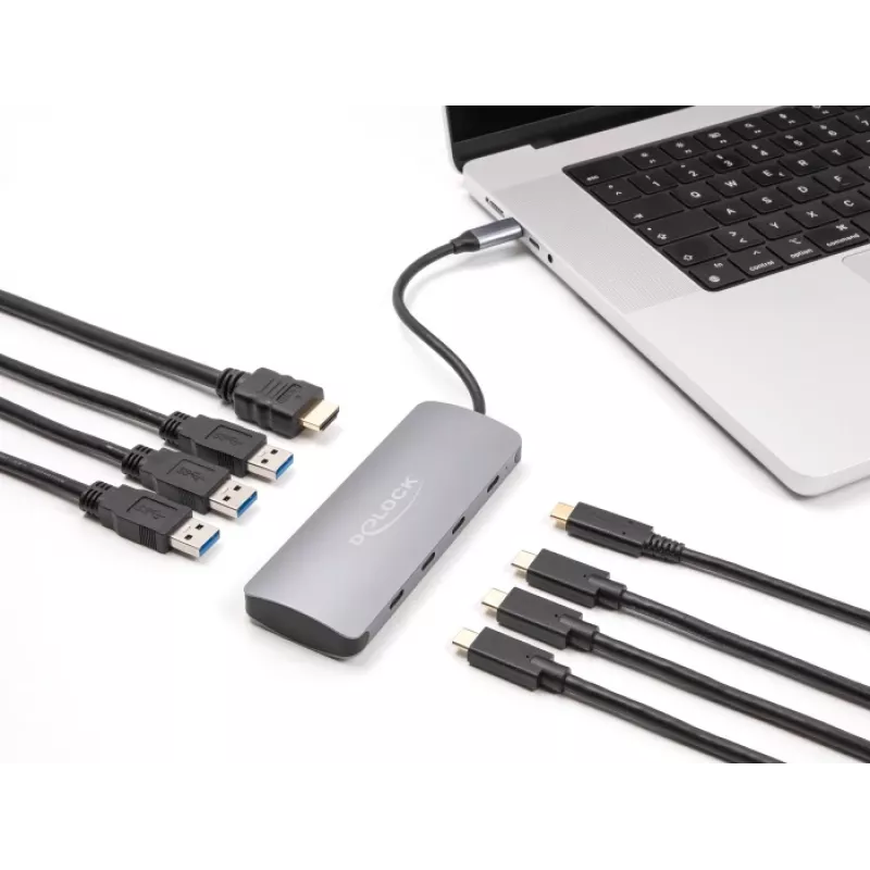 USB-C hub DELOCK 64323 — USB 3.2 Gen 2 Type-C host, HDMI + 2× USB-A + 2× USB-C, 10 Gbit/s, sivý