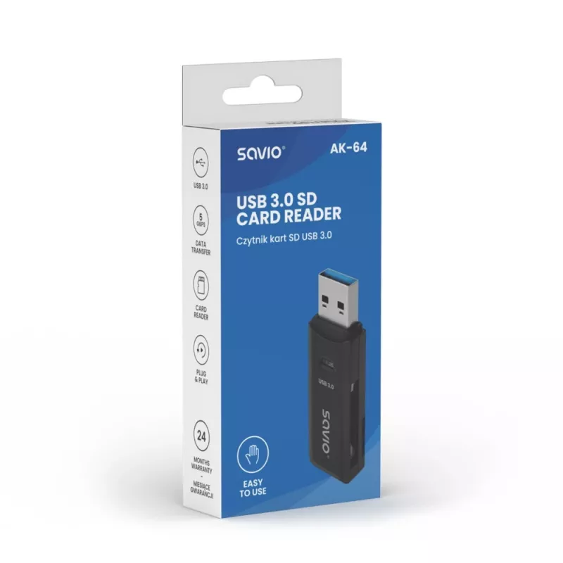 Čítačka kariet SAVIO AK-64 USB 3.2 Gen 1 výstup typu A, slot MicroSD, 5000 Mbit/s, čierna