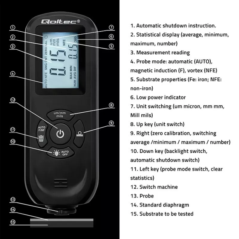 Merač hrúbky vrstvy QOLTEC 50646 LCD 0–2000 µm
