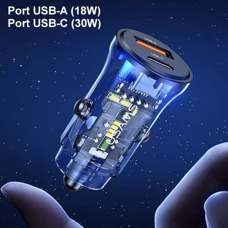 Autonabíjačka usams CC164CC01 30W s 1×USB-A a 1×USB-C pre rýchle nabíjanie