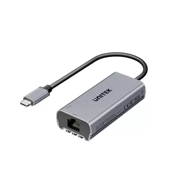 USB-C na RJ45 adaptér Unitek U1343AGY01 — 5 Gbit/s Ethernet, USB-C (konektor samec) na RJ45 (konektor samica), sivý, 0,15 m kábel