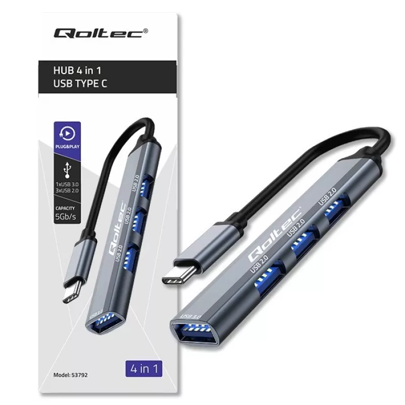 USB hub QOLTEC 53792, USB-C 3.1 na 4 porty (USB 3.0 x1, USB 2.0 x3)