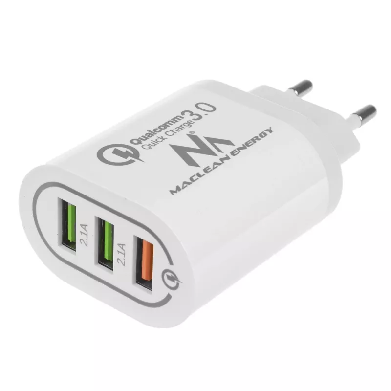 Nástenná nabíjačka MACLEAN MCE479W — 3-portová USB rýchlonabíjačka, 18W celkový výkon