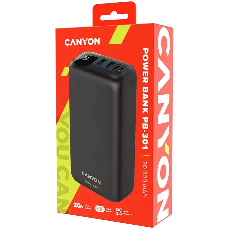 Canyon Powerbank PB-301 30000 mAh PD/QC/Display čierna Retail