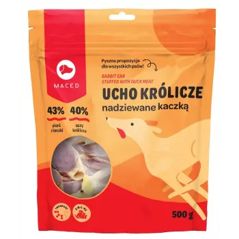 Zubné žuvacie pásiky MACED kačica s králičím uchom 500 g — dlhotrvajúca prírodná žuvacia maškrta, proteín 50 %, vhodné pre všetky plemená