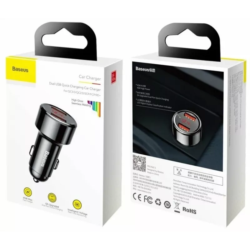 Baseus Magic CCMLC20A-01 autonabíjačka, 2x USB-A QC 3.0, 45 W, 6 A, displej napätia, čierna