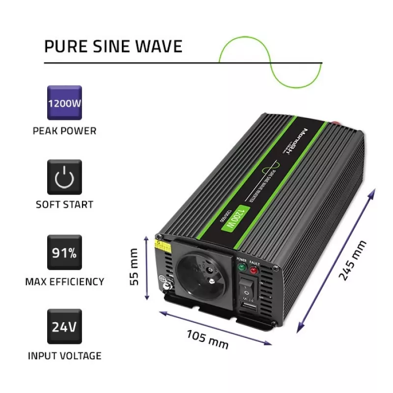 Automobilový menič Qoltec Monolith 1200 W čierny 24 V
