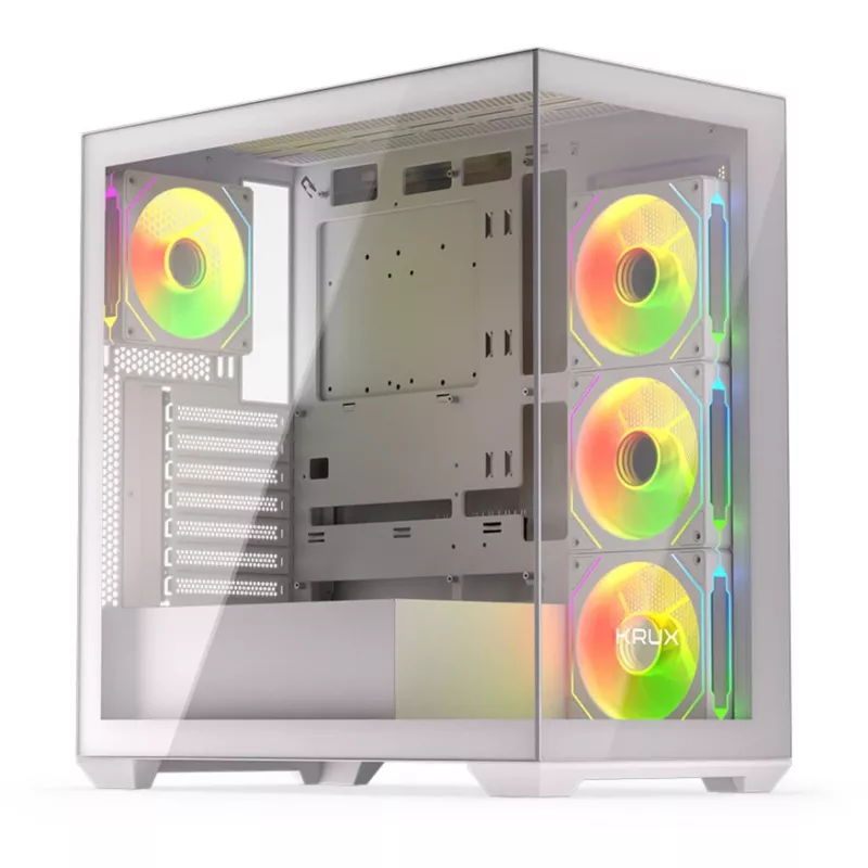 PC skriňa KRUX Exo Midi Tower, ATX/micro-ATX/mini-ITX, 2x tvrdené sklo, USB-C, 4 ventilátory 120 mm, 2 pozície 3,5 palca + 2 pozície 2,5 palca, grafická karta do 40,5 cm, biela