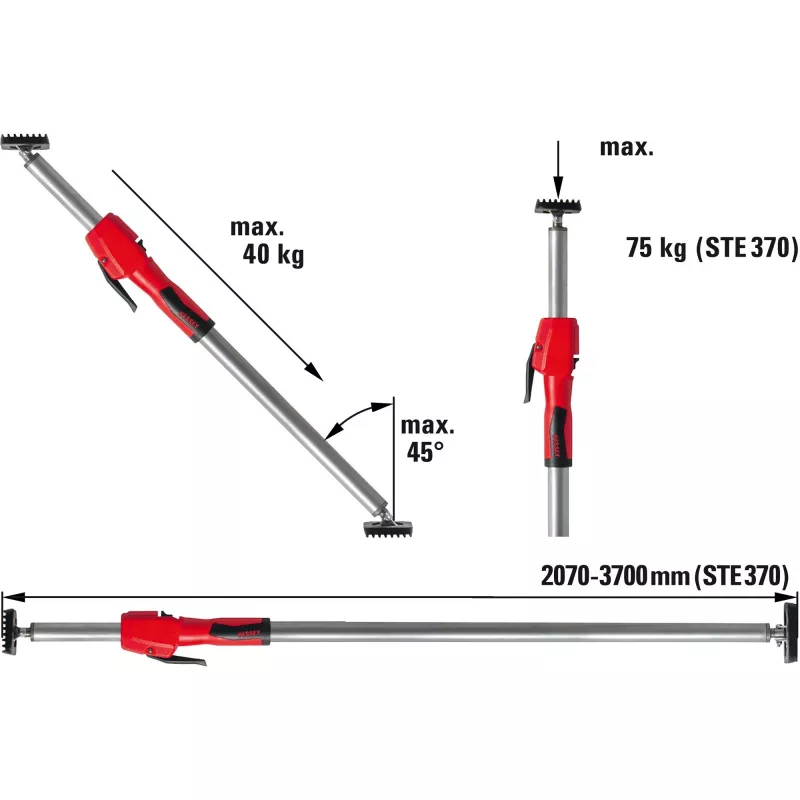 Bessey STE370 Stropná a montážna vzpera, strieborná/červená, 2070-3700 mm, s pumpovou rukoväťou