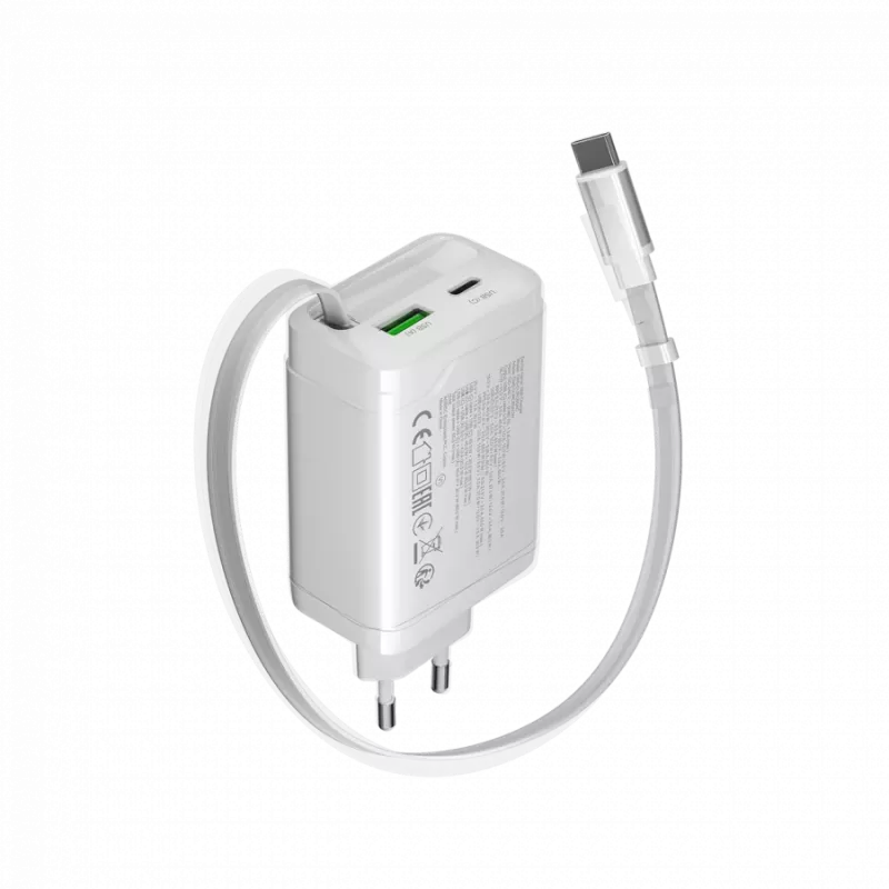 CANYON nabíjačka OnCharge 65RC s integrovaným USB-C káblom 65W, 1x PD, 1x QC, EU zástrčka, biela