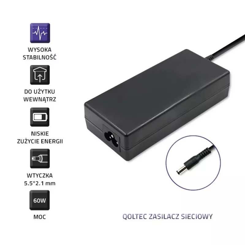 Qoltec 50797 stolový napájací zdroj 60 W, 12 V, 5 A, 5,5x2,1 mm, so sieťovým káblom