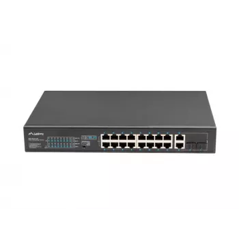 Neřízený switch LANBERG RSFE-16P-2C-150 — 18-port Gigabit, 16 PoE+/2 SFP, 150 W celkom, 1U Rack, kov, čierny