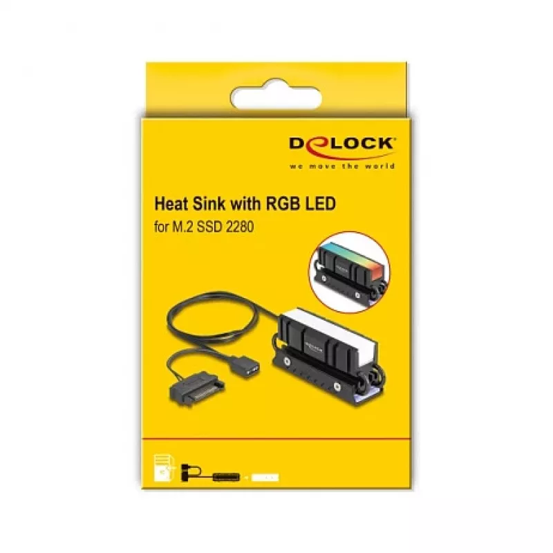 Chladič DELOCK 18460 pre M.2 SSD 2280 — hliník/meď, RGB 5V, čierny