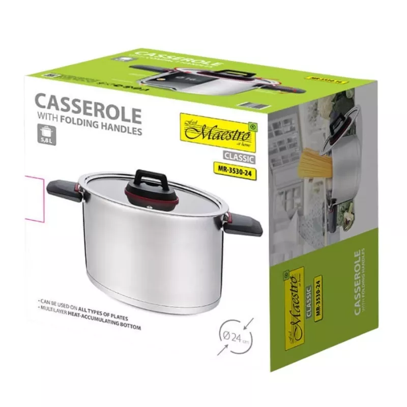 Hrniec Maestro MR-3530-24 nerez 24 cm, 5,5 l, sklopné rukoväte, sklenená pokrievka