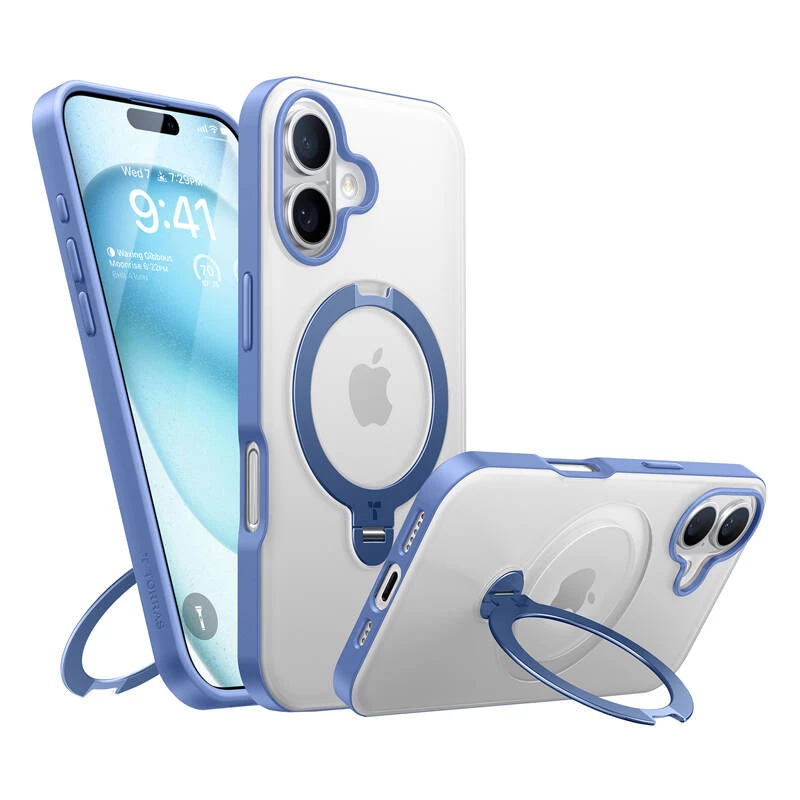 Ochranné puzdro Torras Ostand Spin pre iPhone 16 – modré, tenký profil, kompatibilné s bezdrôtovým nabíjaním