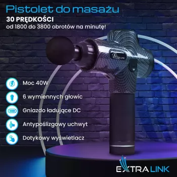 Masážna pištoľ Extralink MSG-01-PRO 3800 ot/min 6 nástavcov