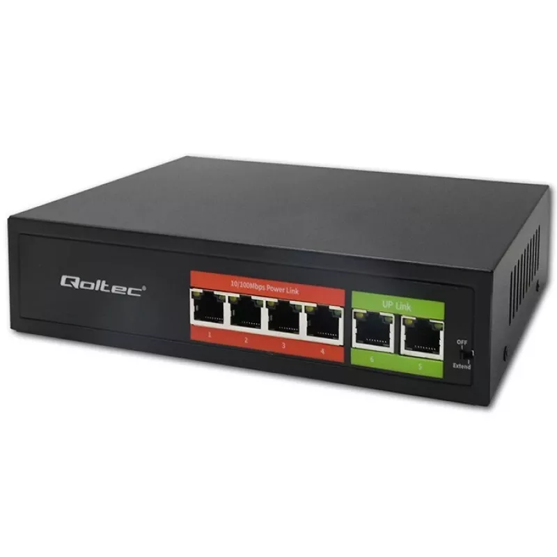 Ethernet PoE switch QOLTEC 52289 — 4x RJ45 PoE porty, 2x RJ45 uplink, 65W PoE rozpočet
