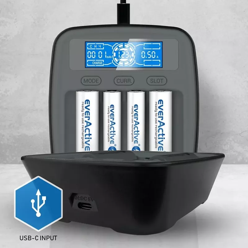 everActive NC-1000M V2 nabíjačka batérií, Ni-MH, 4 sloty AA/AAA, USB-C, čierna