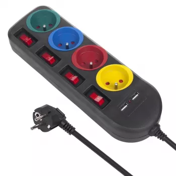 Predlžovacia zásuvka MACLEAN MCE229B — 4 AC zásuvky, 2× USB-A, 1,5 m kábel, 10 A, Typ F, interiér, čierna