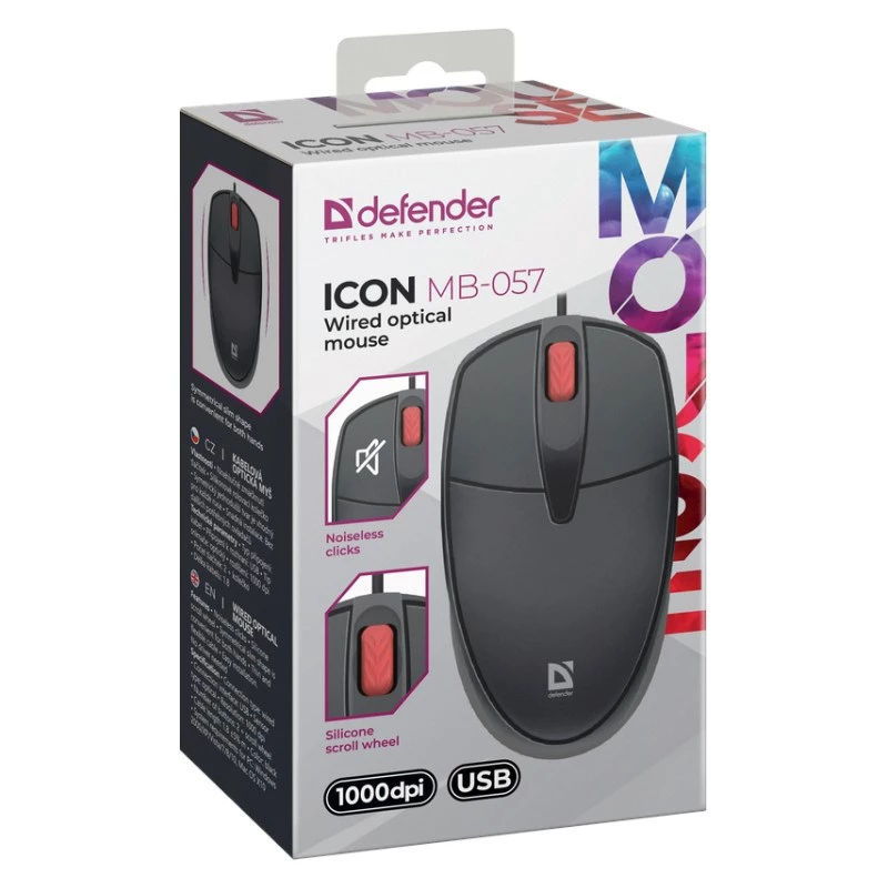 Myš DEFENDER ICON MB-057 OPTICAL 1000dpi 3P čierna tichý klik