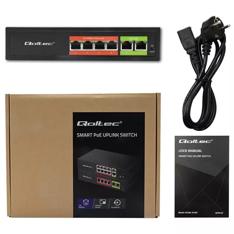 Ethernet PoE switch QOLTEC 52289 — 4x RJ45 PoE porty, 2x RJ45 uplink, 65W PoE rozpočet