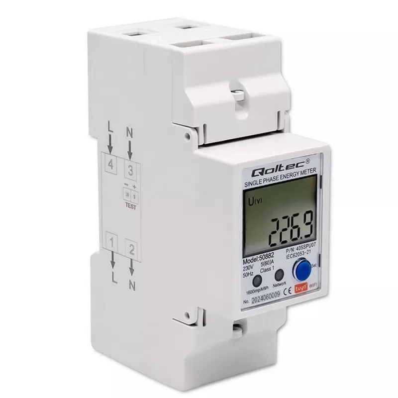 Qoltec 50882 Jednofázový elektronický merač spotreby energie na lištu | Wi-Fi | TUYA | 230V | LCD