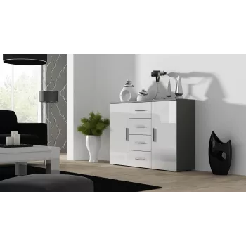 Komoda Cama Meble UNI sivá/biela vysoký lesk, 2 dvere, 2 police, 1320×380×920 mm