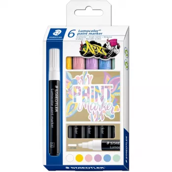 Sada fixiek Staedtler Lumocolor 6 pastelových farieb — akrylová farba, sortiment so 6 pastelovými odtieňmi