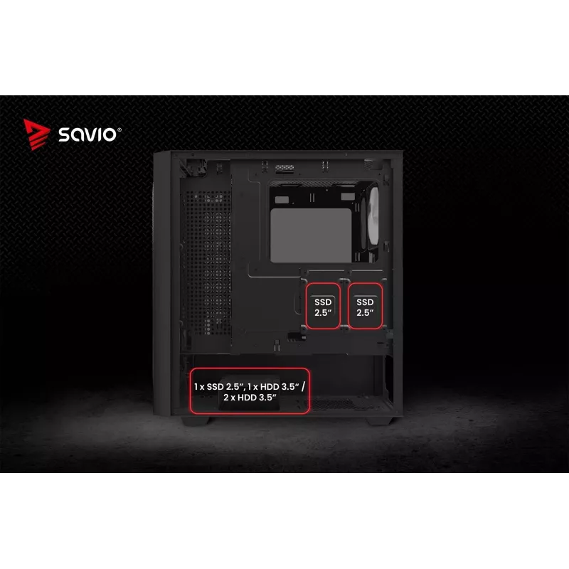 PC skriňa SAVIO Noctis Flow RGB — Cube, ATX/Mini-ITX, 3x 120 mm predné ventilátory, bočné okno z tvrdeného skla, max. GPU 35 cm
