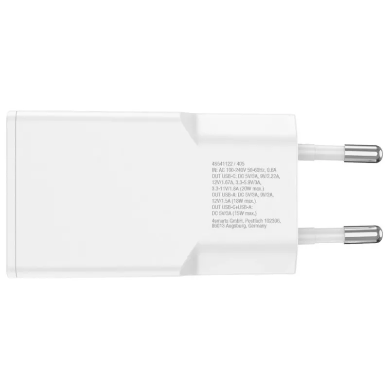 AC Indoor Mobile Device Charger 4smarts 541509 — 100–240V, USB-A + USB-C, 1.5 m kábel, rýchlonabíjanie, biela