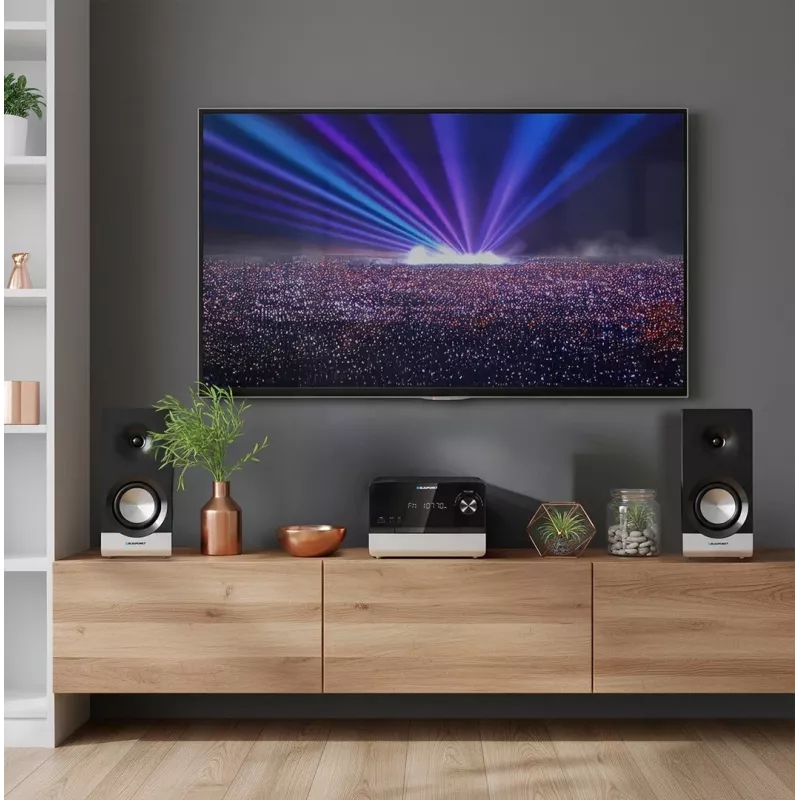 Domáci audio mikrosystém BLAUPUNKT MS40.2BT — 2×50 W RMS, Bluetooth, CD, USB, HDMI ARC, optický vstup, LED displej (čierny)